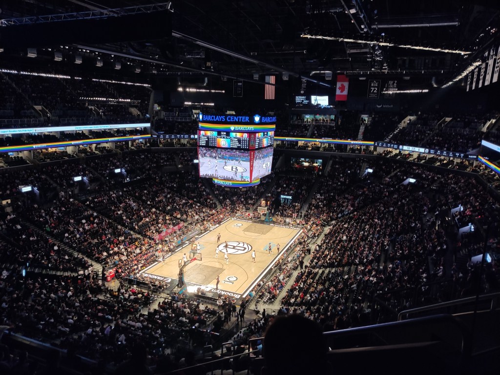 A basketball game in progress in the Barclays Arena