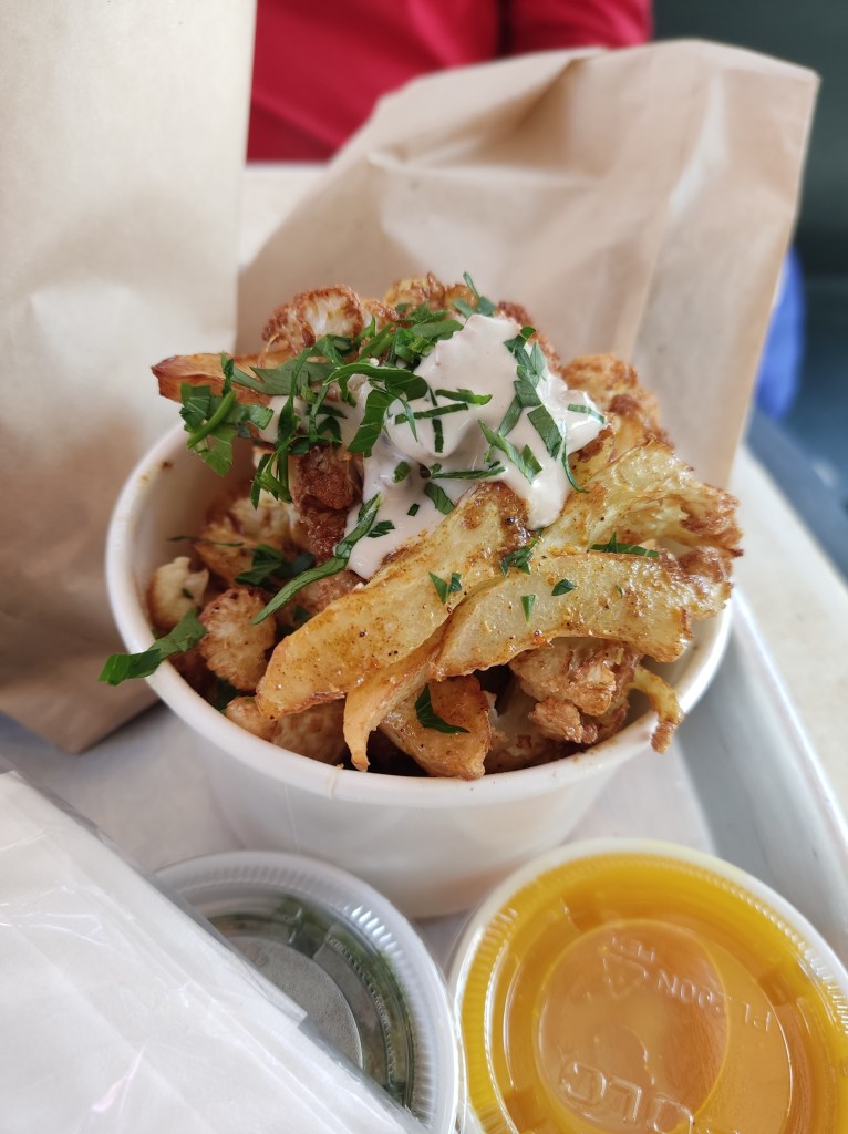 A pot of cauliflower cooked in shawarma spices