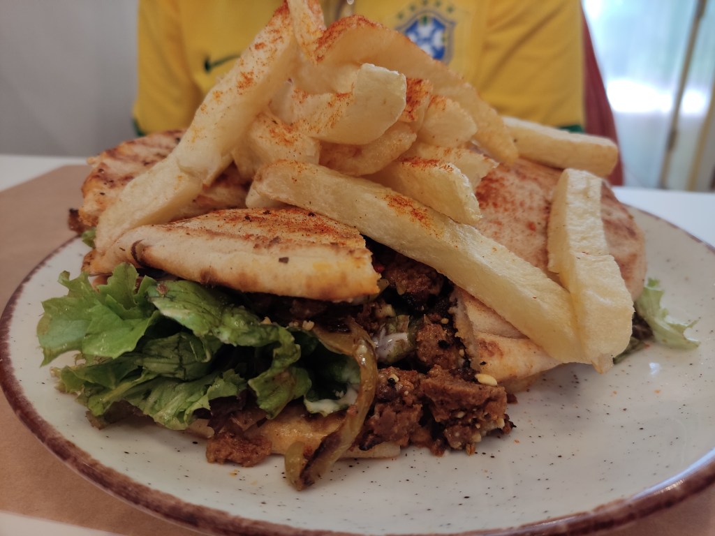 A side view of the pita sandwich with vegetables and meaty chunks, topped with chips