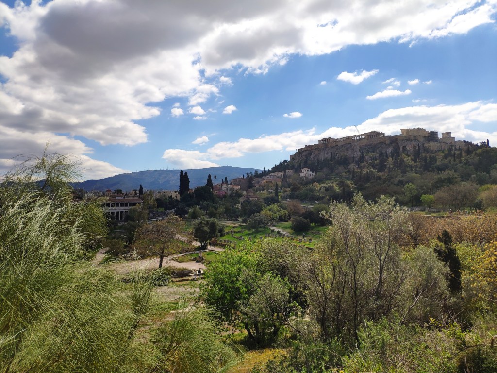 The archaeological site, with the acropolis on a hill above