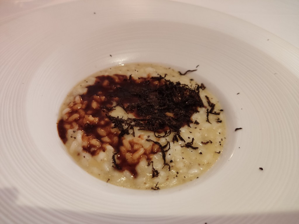 Creamy risotto with herbs for garnish and a rich brown sauce on top