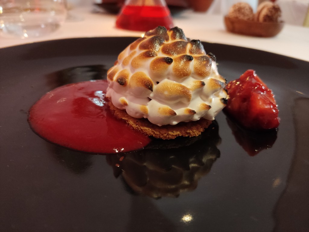 A pool of strawberry liquid with a crispy looking biscuit sitting in it. On top of the biscuit is a perfect cloud of meringue that has been blowtorched and caramelised. On the side is a scoop of strawberry.