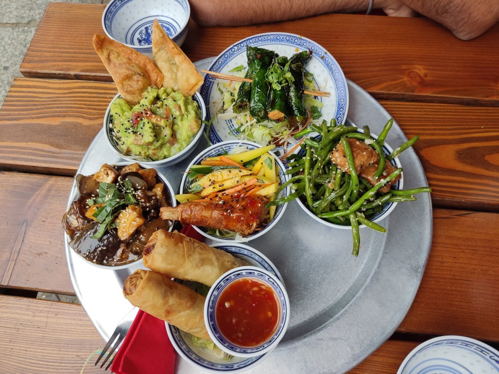 A platter with six different tapas dishes