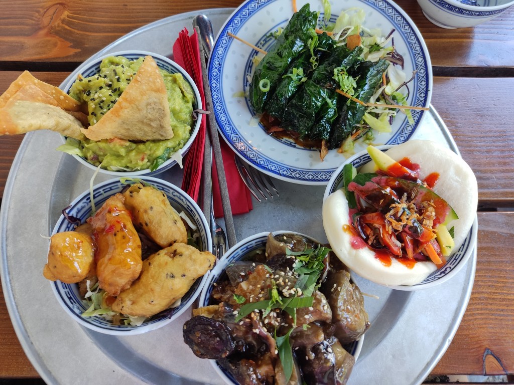 A platter with five different tapas dishes