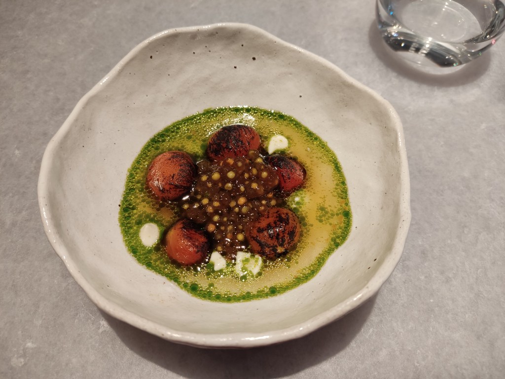 A bowl with confit tomatoes and a split green sauce