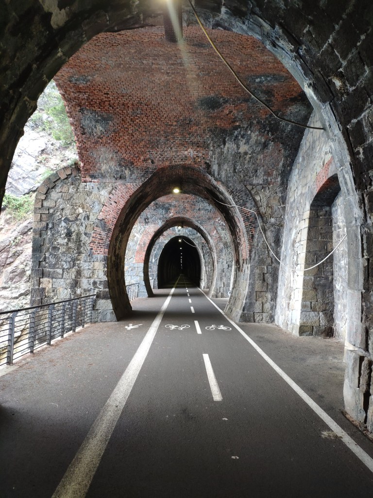 A long tunnel, formerly used by trains but now converted into two bike lanes and one pedestrian lane. It's mostly a closed tunnel, but there are a couple of open sections with daylight streaming in.
