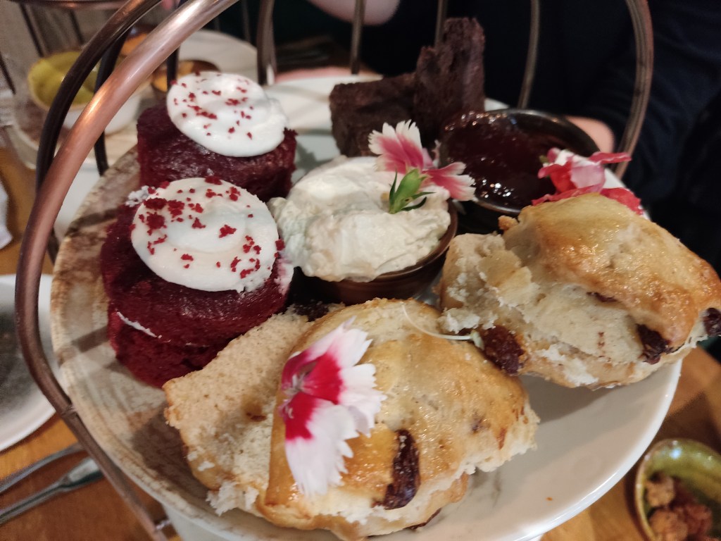 A plate containing two scones, a pot of cream, a pot of jam, two slices of brownies, and two red velvet cakes.