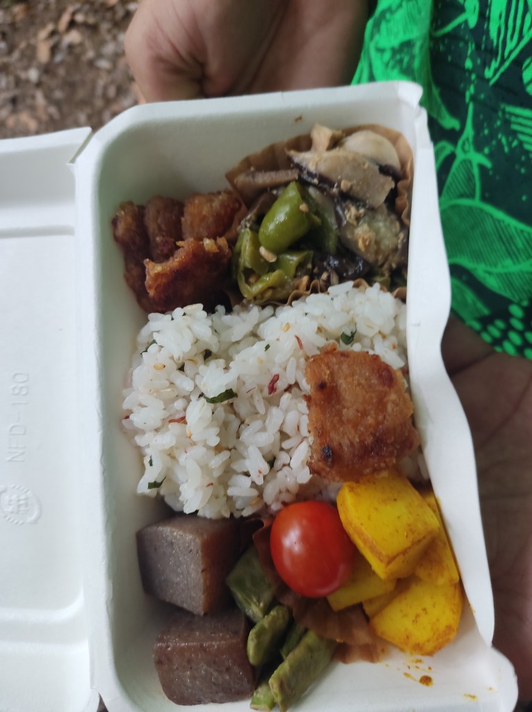 A disposable carton containing mock meat, beans, rice, potato, and vegetables.
