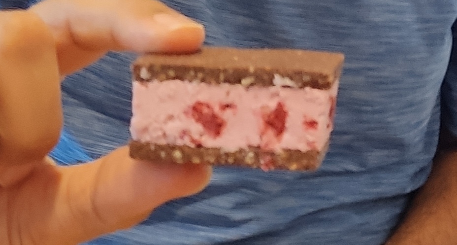 A blurry picture of two thick chocolate biscuits with a pink ice cream filling with raspberry pieces in