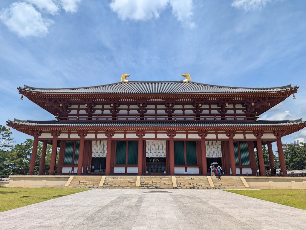 A large red and white building