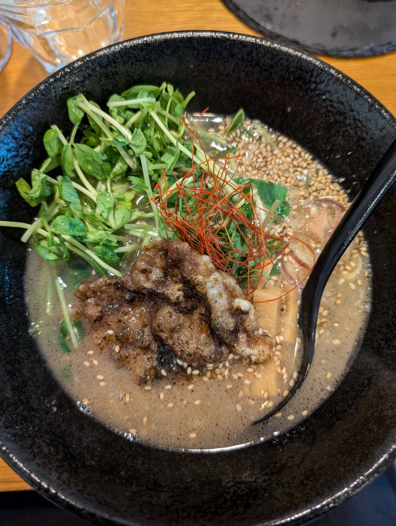 A beige broth topped with lots of greens, chilli threads, sesame seeds, and some chunks of mock mear