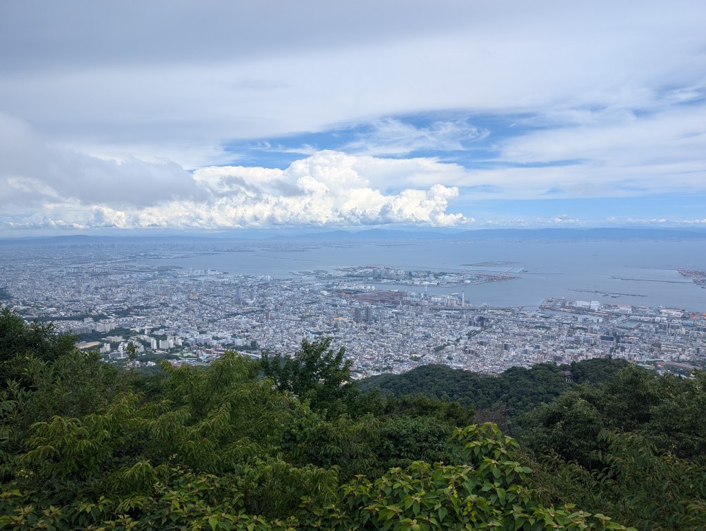 Greenery and the view of Kobe stretching out to sea