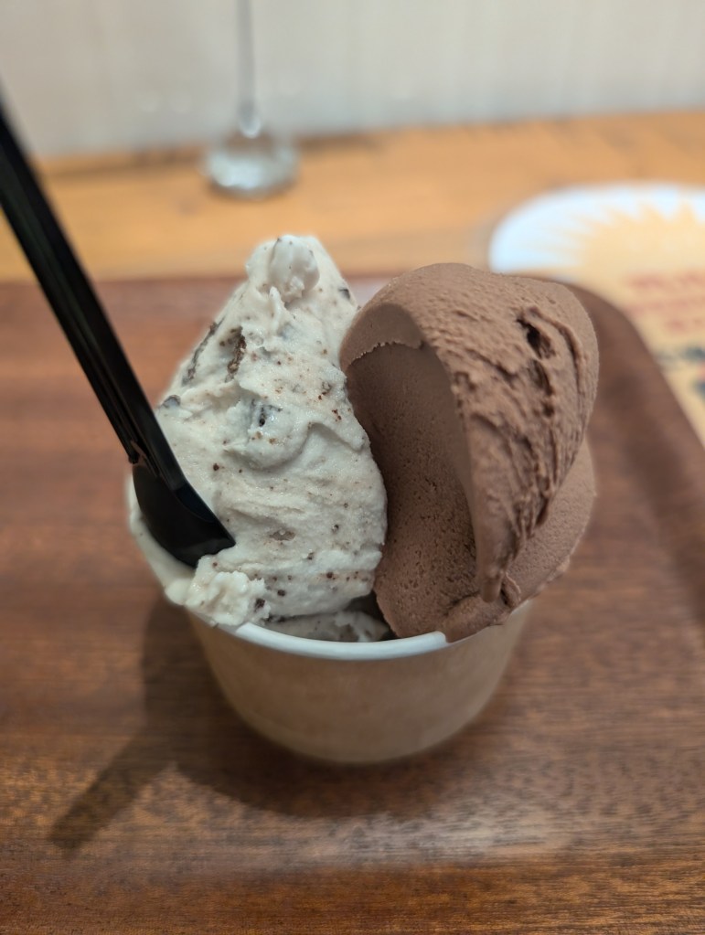A cup with a scoop of white ice cream flecked with chocolate and a scoop of brown ice cream