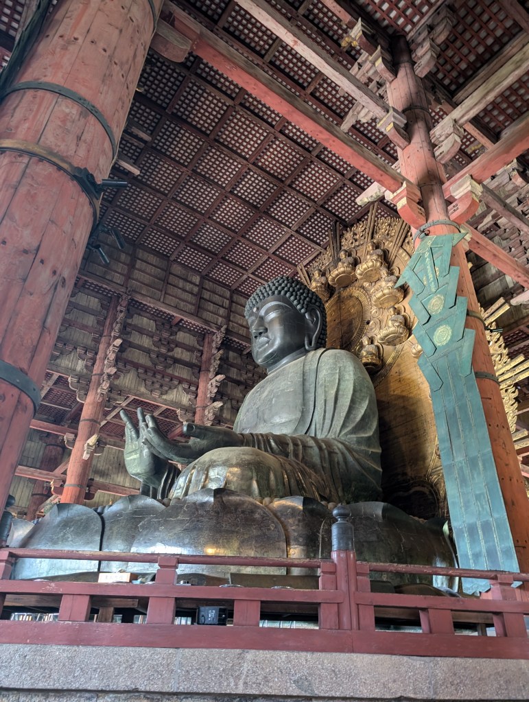 A huge statue of Buddha inside a building