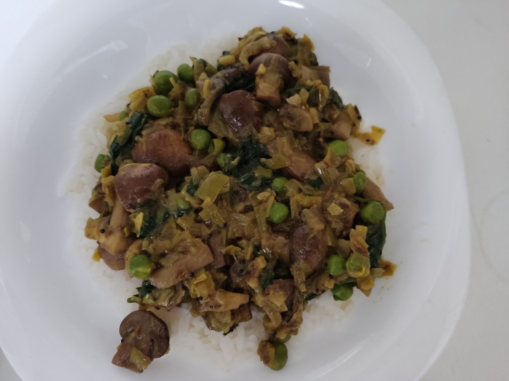 Leek, mushroom and kale subji