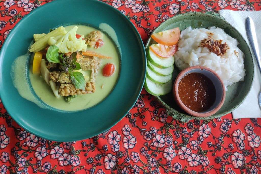 A bowl of vegetables and tempeh in a creamy green broth, and a separate plate of flat white noodles