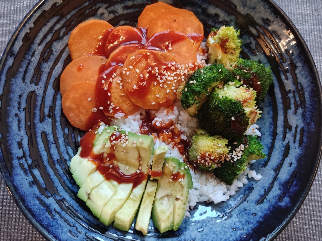 Sweet potato and tenderstem bibimbap