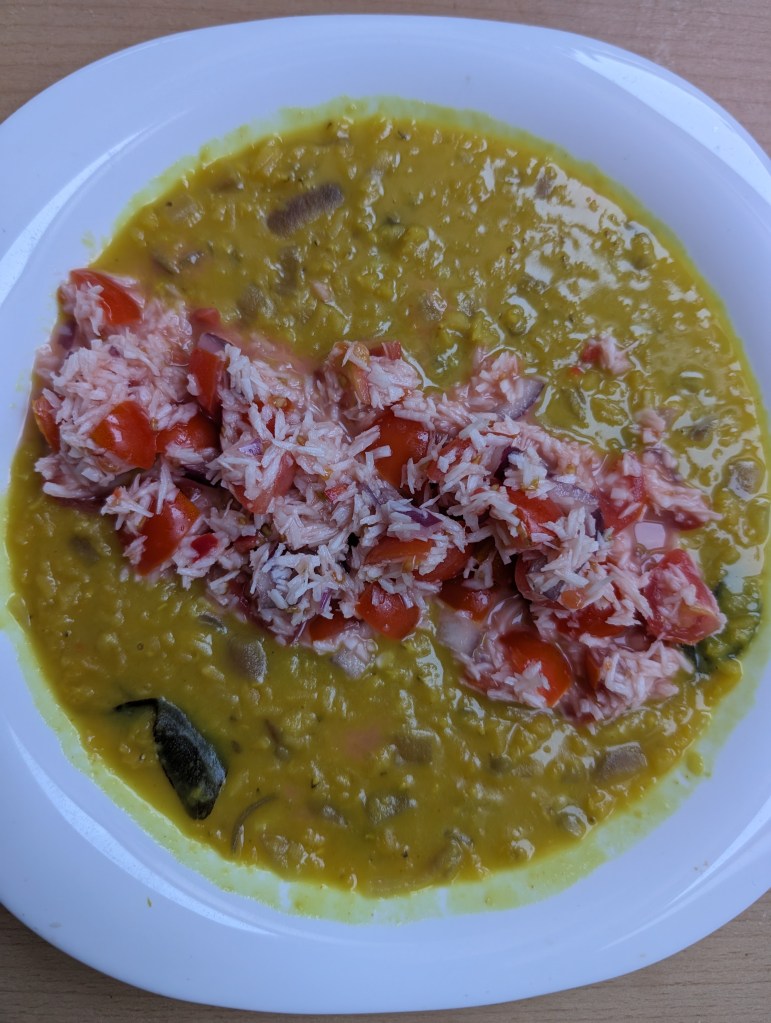 Quick coconut dal with tomato sambol