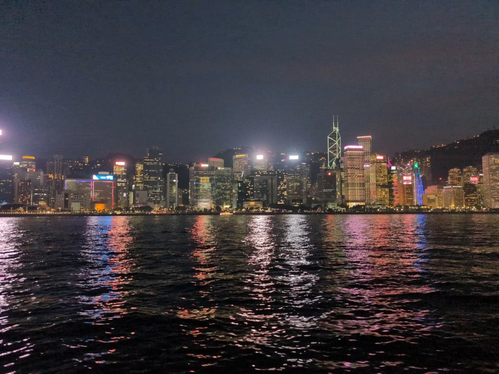 The skyline viewed across the water at night
