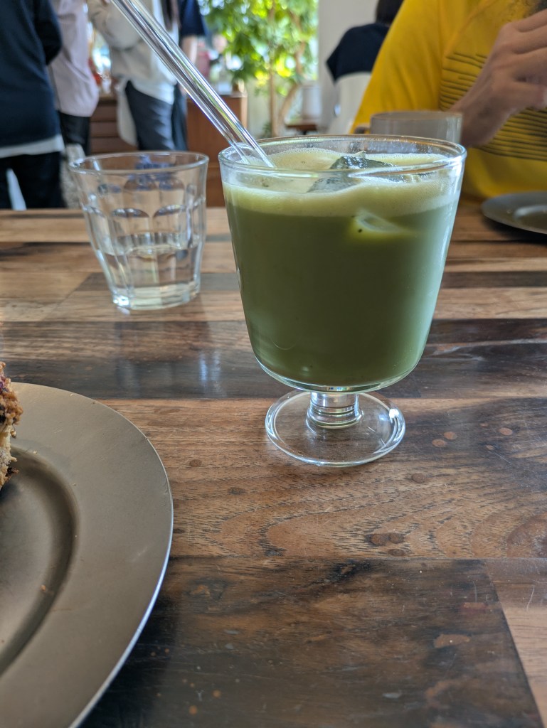A glass of iced green matcha