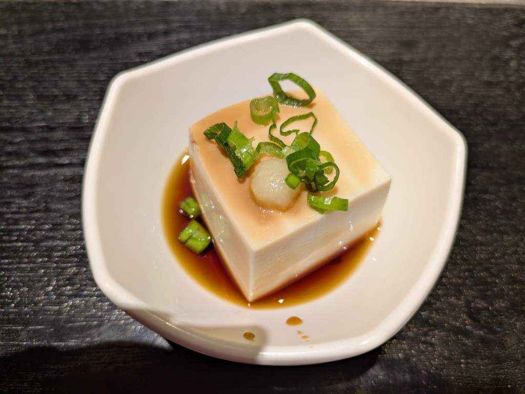 A small block of silken tofu garnished with spring onion, drizzled in a light brown sauce