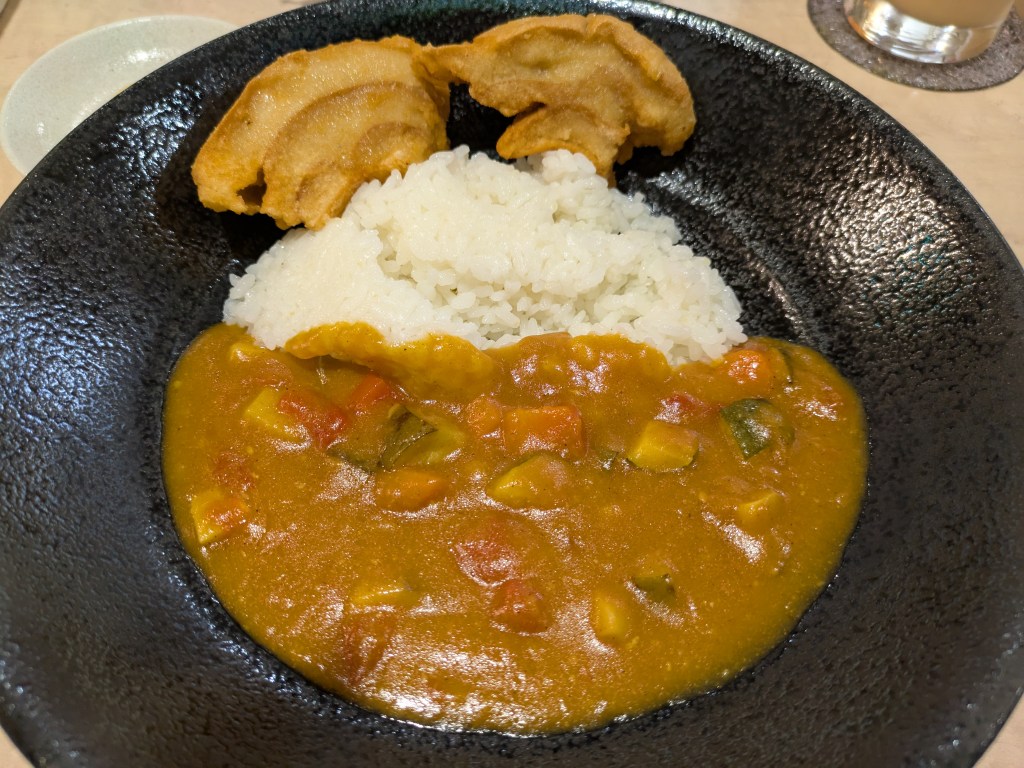 A large bowl of vegetable curry and rice with a couple of pieces of fried vegan meat on the side