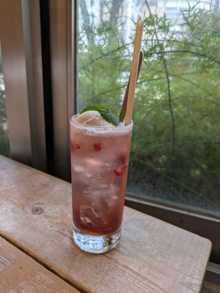 A glass of raspberry cream soda with a scoop of vanilla ice cream in it