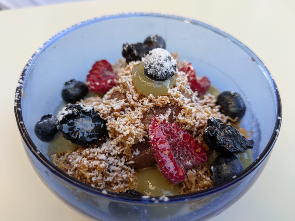 A bowl filled with berries, crunchy clusters, chocolate mousse, and flan