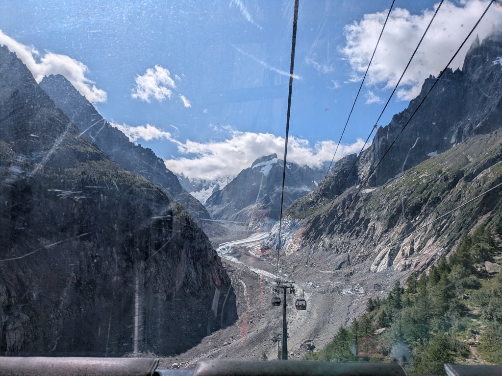 Cable cars going down towards the ice cave