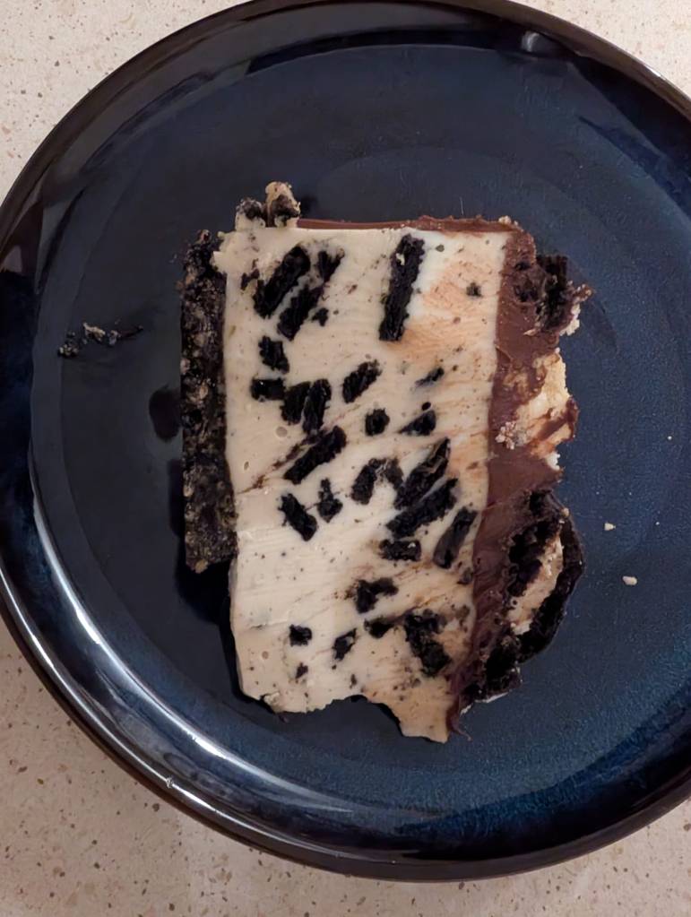 A slice of Oreo cheesecake