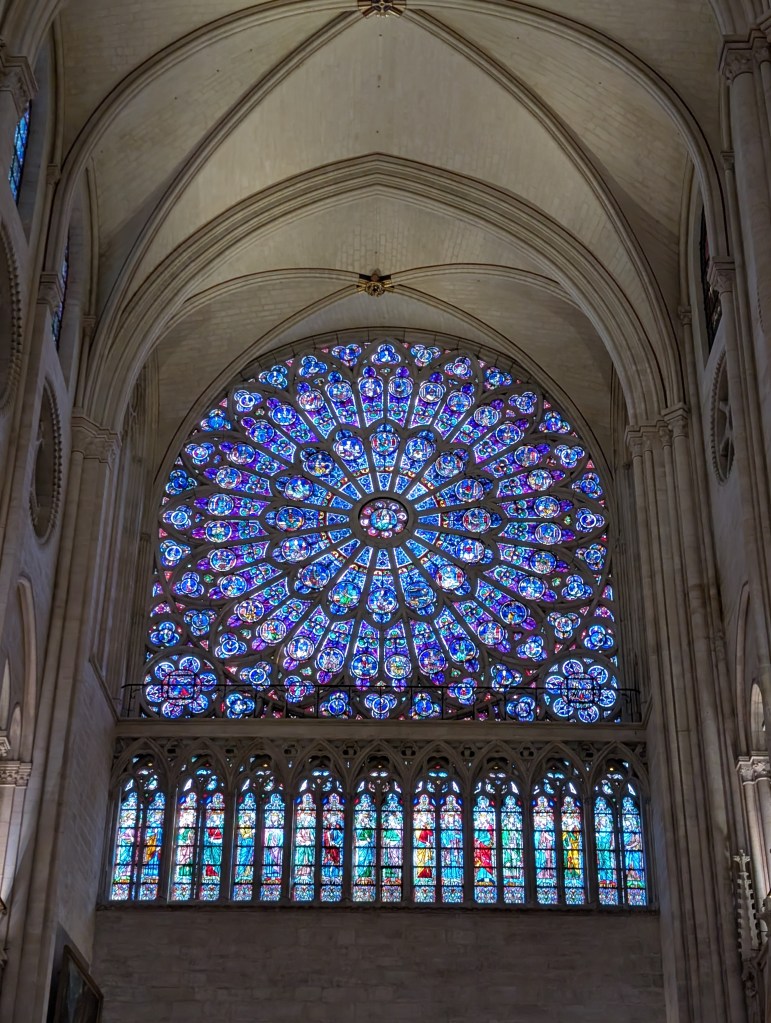 A huge stained glass window in Notre Dame 