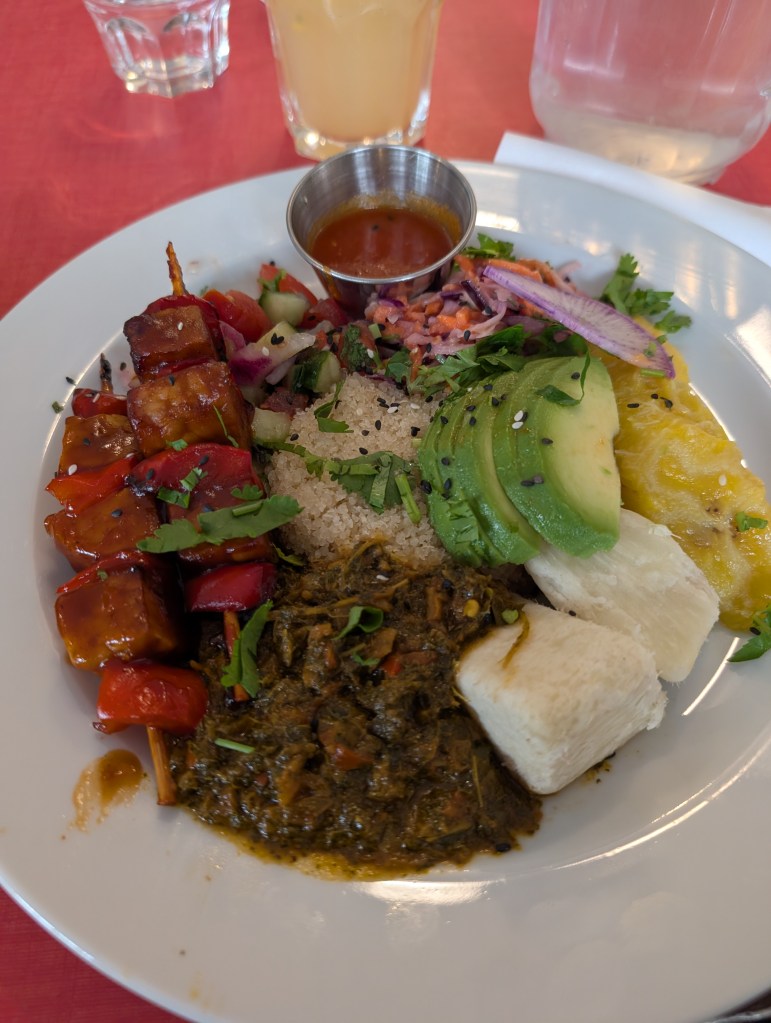 A plate with lots of different things on it, including skewers, rice, salads, and something that looks like stew 
