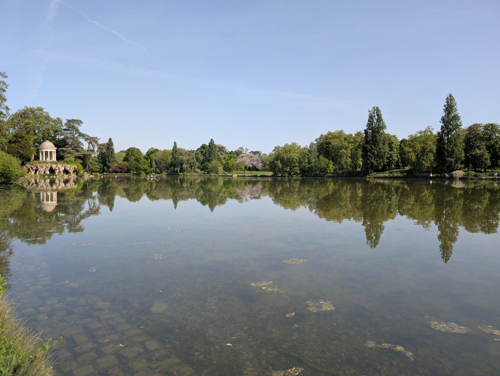 A pond in the park surrounded by greenery 
