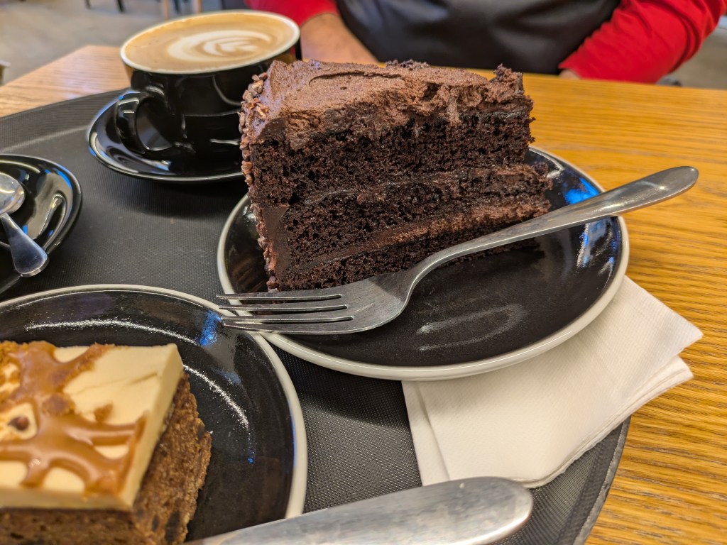 A triple layer chocolate cake with chocolate icing