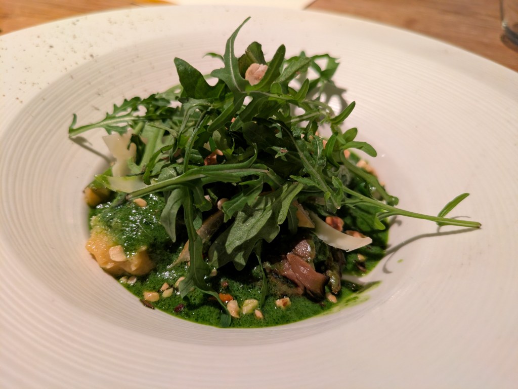 Gnocchi in a green sauce, topped with a lot of rocket