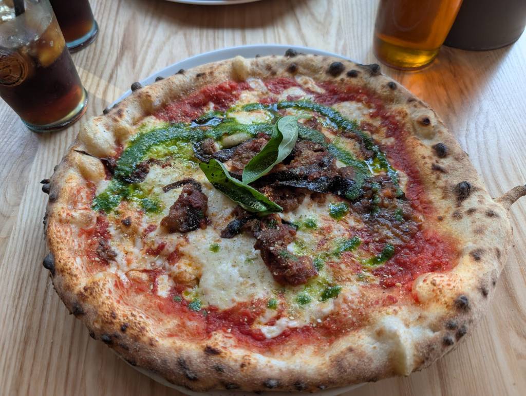 A parmigiana party pizza, with tomato sauce, cheese and aubergine