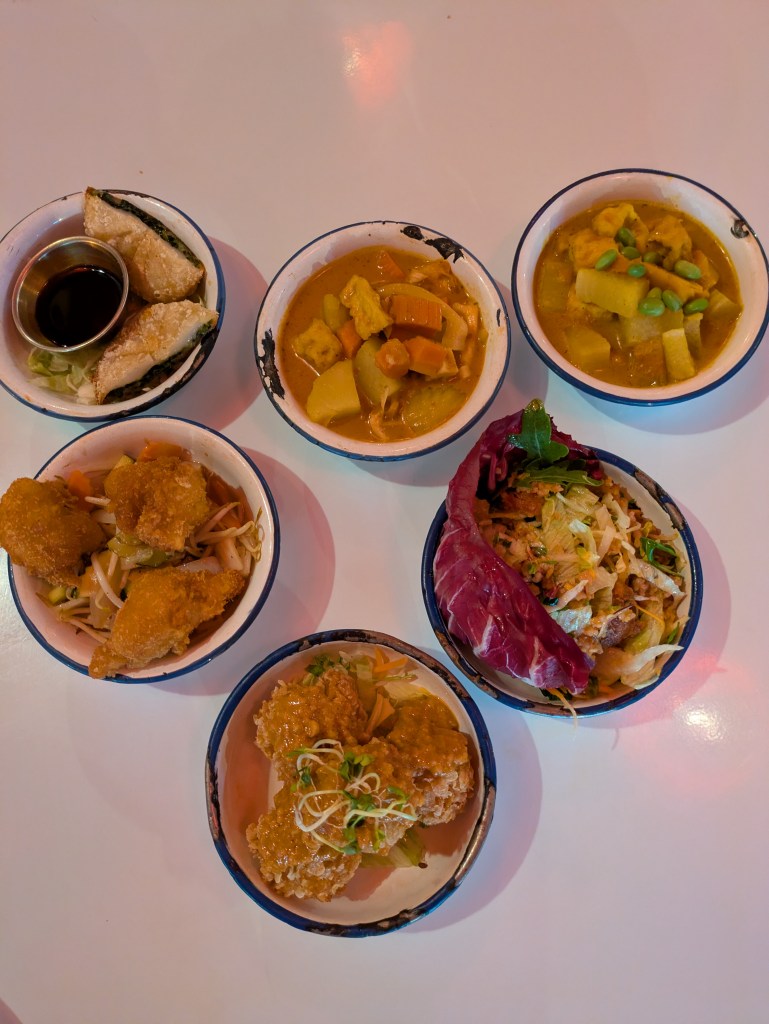 Six small sharing dishes of Thai food 